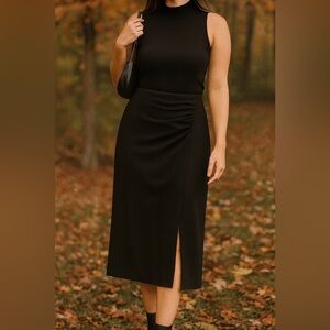 Nine West Black Side Ruched Midi Skirt – Size S ✨🍂